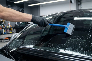 Przyciemnianie szyb samochodowych - mechanik nakłada folię przyciemniającą na przednią szybę samochodu osobowego